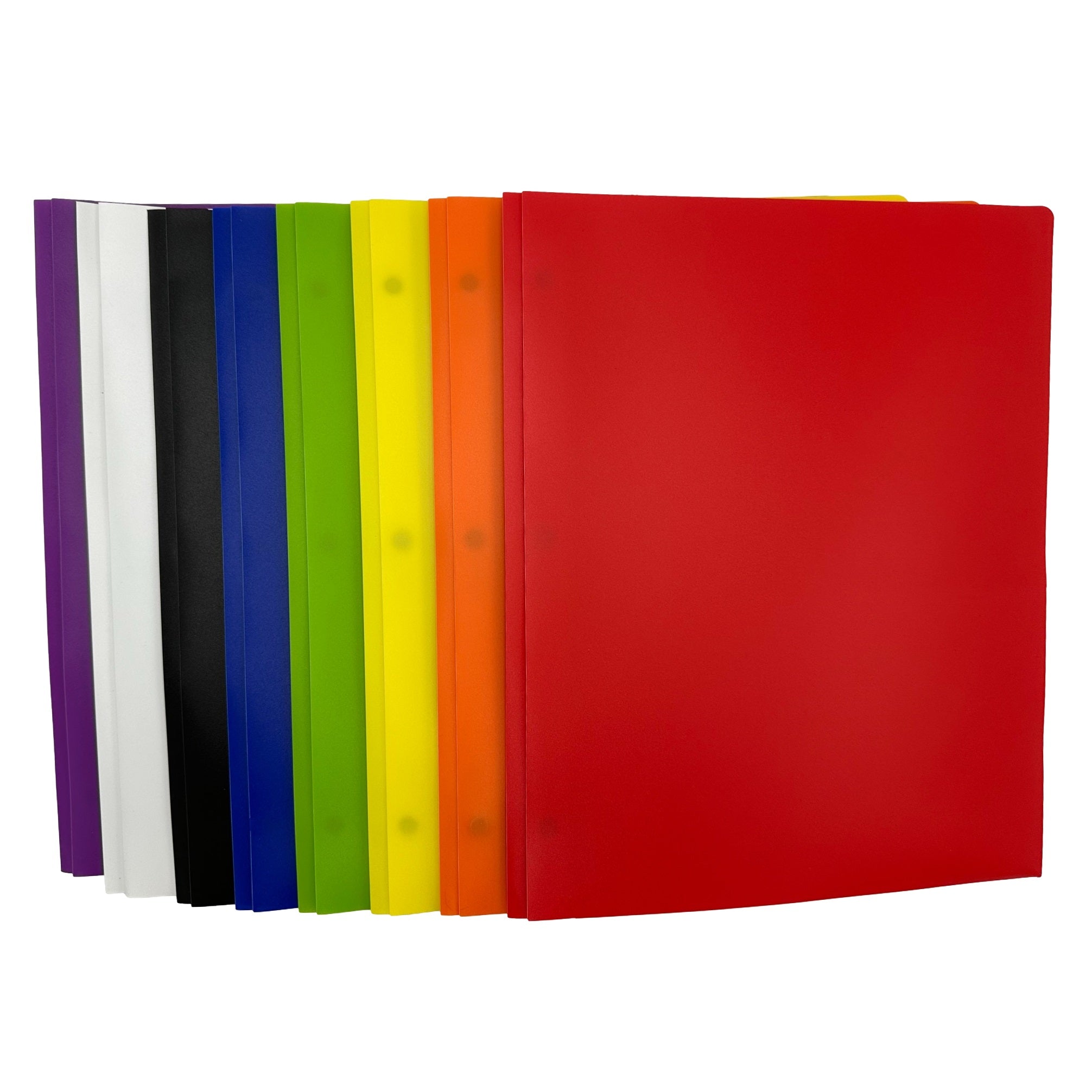 Colorful plastic folders standing in a row.